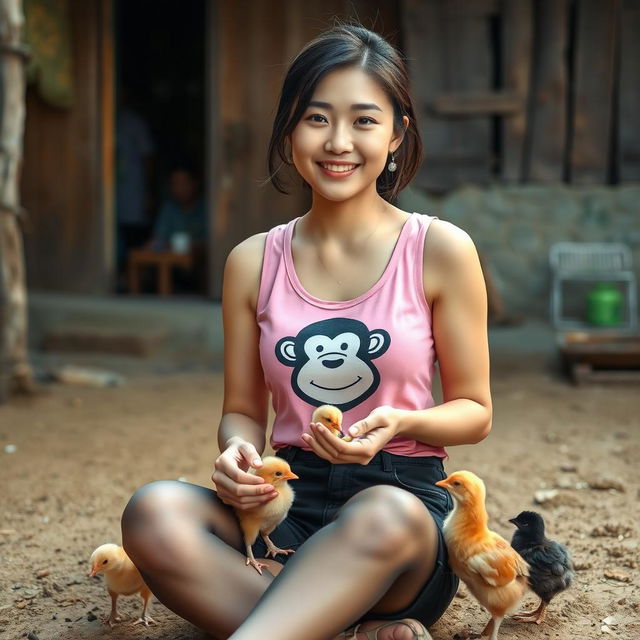 A beautiful Korean woman wearing a pink tank top with a monkey graphic and black short jeans, sitting facing the camera while feeding small chicks