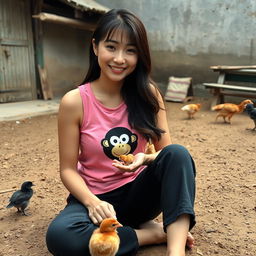A beautiful Korean woman wearing a pink tank top with a monkey graphic and black short jeans, sitting facing the camera while feeding small chicks