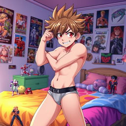 An anime-style illustration of a young male character in stylish underwear, striking a playful pose