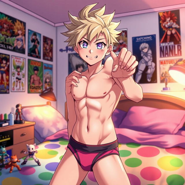 An anime-style illustration of a young male character in stylish underwear, striking a playful pose