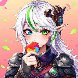 A half-high elf woman radiating charm and whimsy, with stunning steampunk style white hair accented by a vibrant green stripe