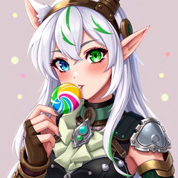 A half-high elf woman radiating charm and whimsy, with stunning steampunk style white hair accented by a vibrant green stripe