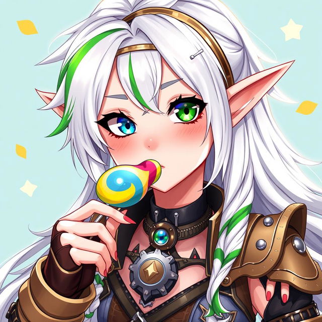 A half-high elf woman radiating charm and whimsy, with stunning steampunk style white hair accented by a vibrant green stripe