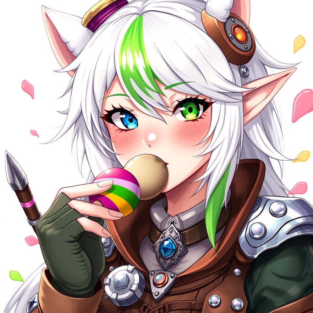 A half-high elf woman radiating charm and whimsy, with stunning steampunk style white hair accented by a vibrant green stripe