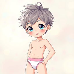 A cute anime twink boy wearing stylish underwear, with an adorable expression and bright, expressive eyes