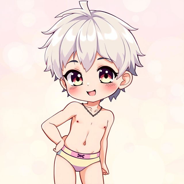 A cute anime twink boy wearing stylish underwear, with an adorable expression and bright, expressive eyes