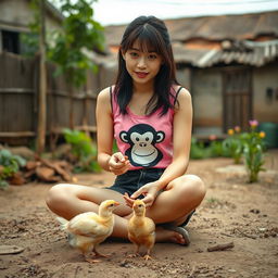 A beautiful Korean woman wearing a pink tank top featuring a monkey design, black denim shorts, and flip-flops