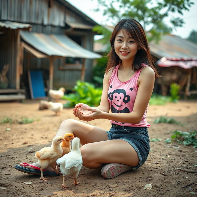 A beautiful Korean woman wearing a pink tank top featuring a monkey design, black denim shorts, and flip-flops