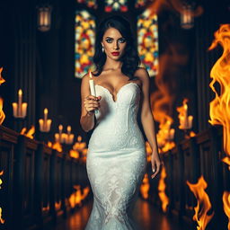 A beautiful, shapely, sexy bride with black hair and sparkling light blue eyes, beautifully enhanced with frosted aqua eye shadow, thick black eyeliner, long black eyelashes, and bright red lipstick