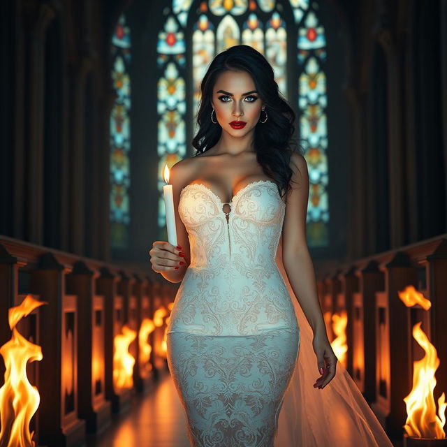 A beautiful, shapely, sexy bride with black hair and sparkling light blue eyes, beautifully enhanced with frosted aqua eye shadow, thick black eyeliner, long black eyelashes, and bright red lipstick