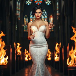 A beautiful, shapely, sexy bride with black hair and sparkling light blue eyes, beautifully enhanced with frosted aqua eye shadow, thick black eyeliner, long black eyelashes, and bright red lipstick