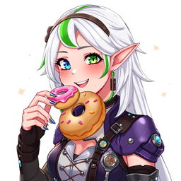 A half-high elf woman with an enchanting presence, adorned with steampunk style white hair accented by a vibrant green stripe