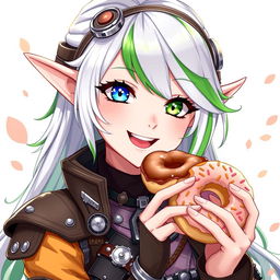 A half-high elf woman with an enchanting presence, adorned with steampunk style white hair accented by a vibrant green stripe