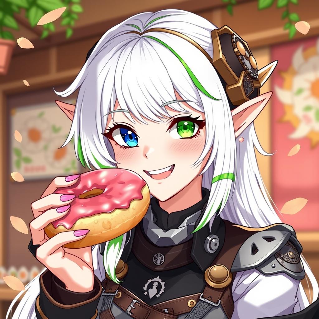 A half-high elf woman with an enchanting presence, adorned with steampunk style white hair accented by a vibrant green stripe