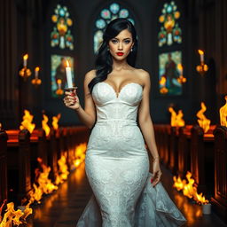 A beautiful, shapely, sexy bride with black hair and sparkling light blue eyes, adorned with frosted aqua eye shadow, thick black eyeliner, long black eyelashes, and bright red lipstick