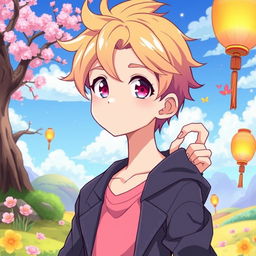 An anime-style illustration of a young male character with a slender physique and delicate features, styled with bright, colorful hair