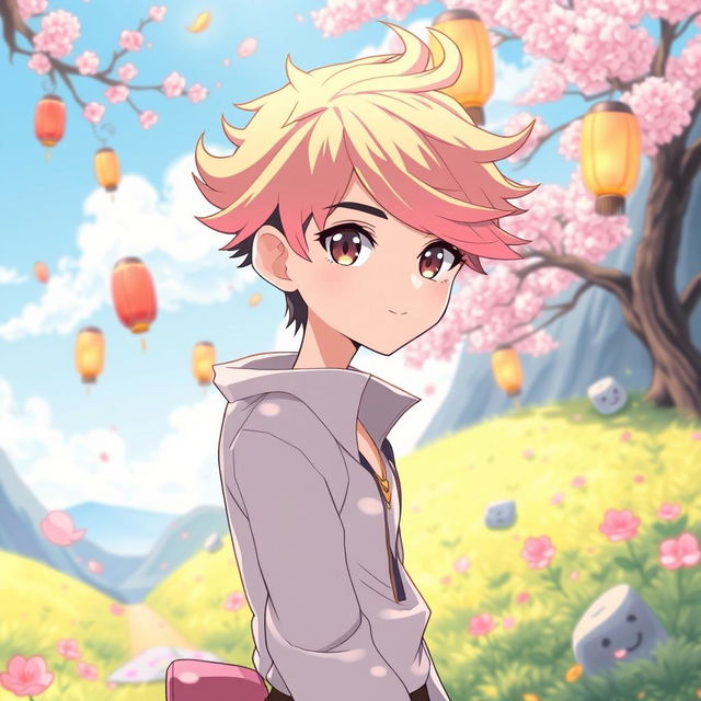 An anime-style illustration of a young male character with a slender physique and delicate features, styled with bright, colorful hair