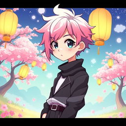 An anime-style illustration of a young male character with a slender physique and delicate features, styled with bright, colorful hair