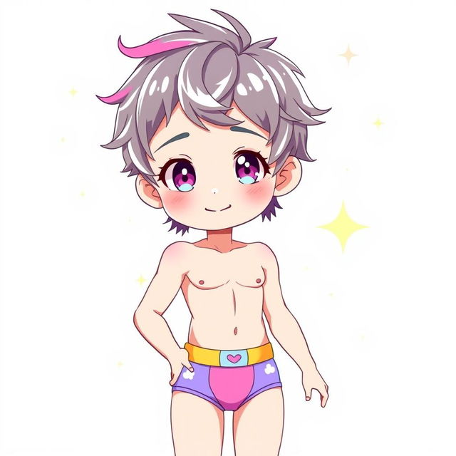 A cute anime twink boy wearing colorful underwear, with a playful expression on his face