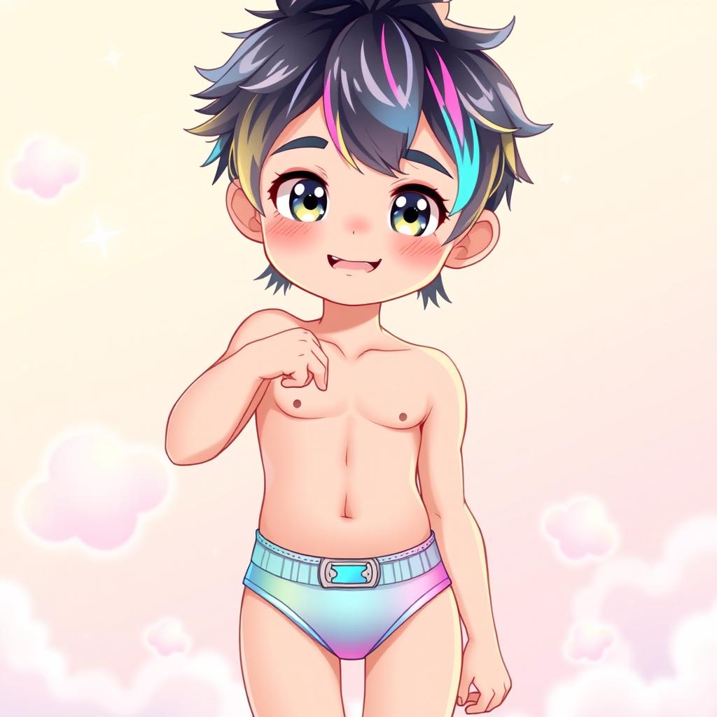 A cute anime twink boy wearing colorful underwear, with a playful expression on his face