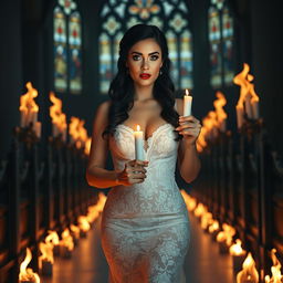 A beautiful, shapely bride with black hair and sparkling light blue eyes, adorned with frosted aqua eye shadow, thick black eyeliner, long black eyelashes, and bright red lipstick
