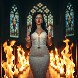 A beautiful, shapely bride with black hair and sparkling light blue eyes, adorned with frosted aqua eye shadow, thick black eyeliner, long black eyelashes, and bright red lipstick