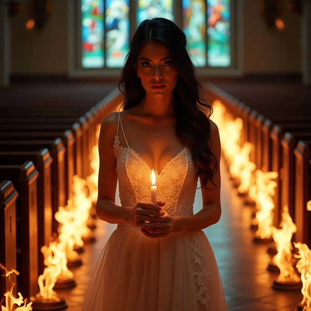 A beautiful, shapely bride with black hair and sparkling light blue eyes, enhanced by frosted aqua eye shadow, thick black eyeliner, long black eyelashes, and bright red lipstick