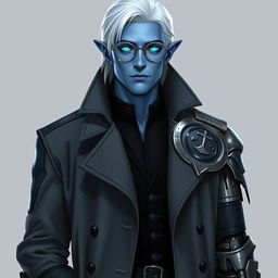 A tall, 26-year-old Drow male, Jayce Kovacs, with medium-length snow-white hair and striking glowing blue irises against his neutral blue skin