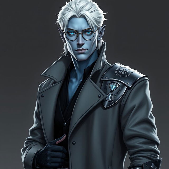 A tall, 26-year-old Drow male, Jayce Kovacs, with medium-length snow-white hair and striking glowing blue irises against his neutral blue skin