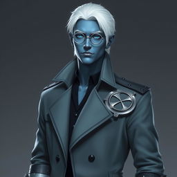 A tall, 26-year-old Drow male, Jayce Kovacs, with medium-length snow-white hair and striking glowing blue irises against his neutral blue skin
