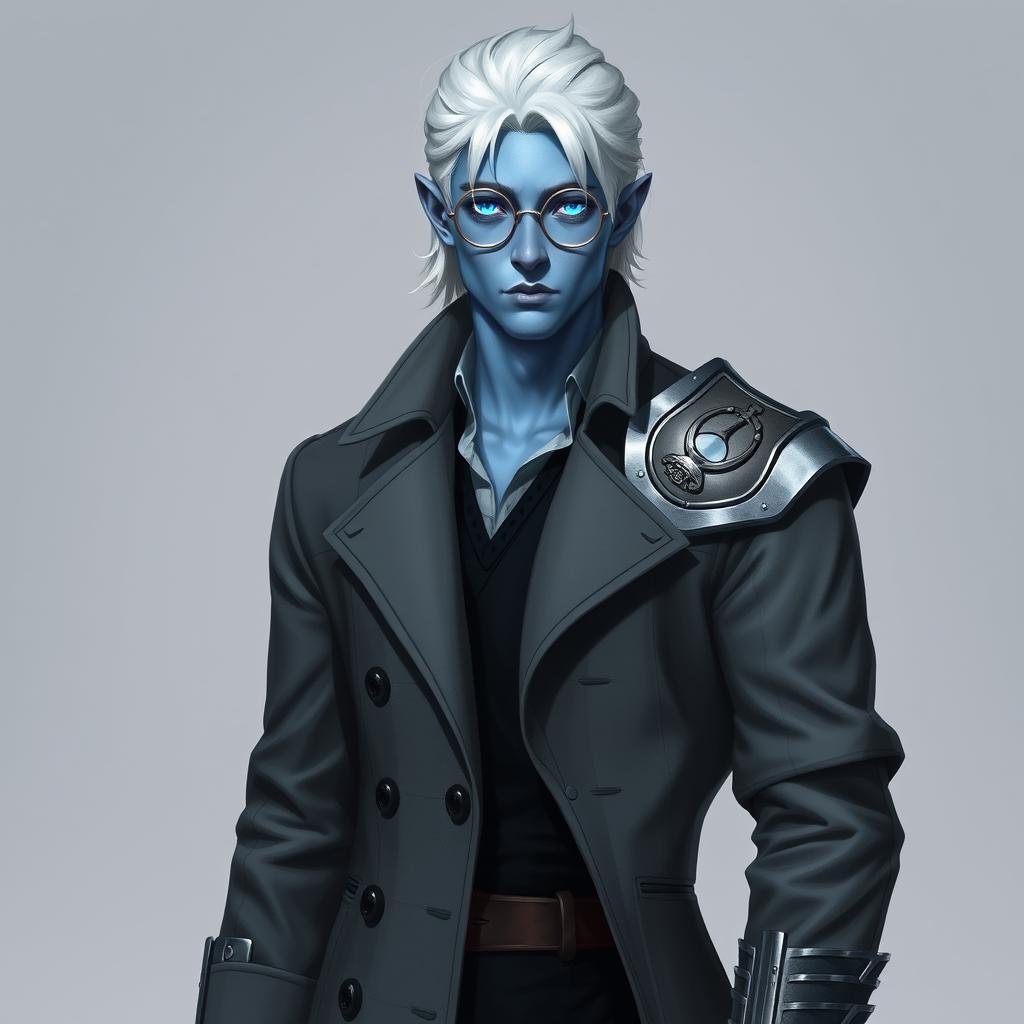 A tall, 26-year-old Drow male named Jayce Kovacs, characterized by medium-length snow-white hair and glowing blue irises that contrast vividly with his neutral blue skin