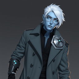 A tall, 26-year-old Drow male named Jayce Kovacs, characterized by medium-length snow-white hair and glowing blue irises that contrast vividly with his neutral blue skin