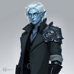 A tall, 26-year-old Drow male named Jayce Kovacs, characterized by medium-length snow-white hair and glowing blue irises that contrast vividly with his neutral blue skin