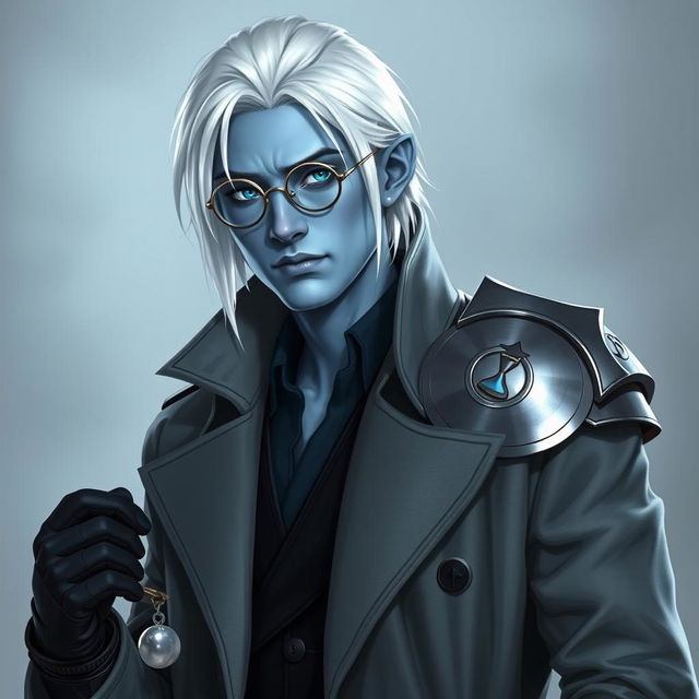 A tall, 26-year-old Drow male named Jayce Kovacs, characterized by medium-length snow-white hair and glowing blue irises that contrast vividly with his neutral blue skin