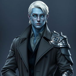 A tall, 26-year-old Drow male named Jayce Kovacs, distinguished by medium-length snow-white hair and glowing blue irises that pop against his smooth neutral blue skin