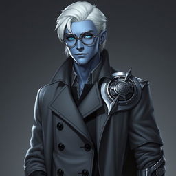 A tall, 26-year-old Drow male named Jayce Kovacs, distinguished by medium-length snow-white hair and glowing blue irises that pop against his smooth neutral blue skin