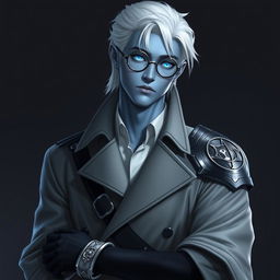 A tall, 26-year-old Drow male named Jayce Kovacs, distinguished by medium-length snow-white hair and glowing blue irises that pop against his smooth neutral blue skin