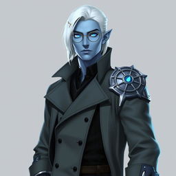 A tall, 26-year-old Drow male named Jayce Kovacs, distinguished by medium-length snow-white hair and glowing blue irises that pop against his smooth neutral blue skin