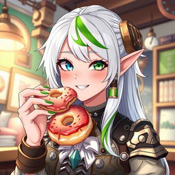 A half-high elf woman with an enchanting and whimsical presence, sporting steampunk style white hair adorned with a striking green stripe