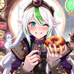A half-high elf woman with an enchanting and whimsical presence, sporting steampunk style white hair adorned with a striking green stripe
