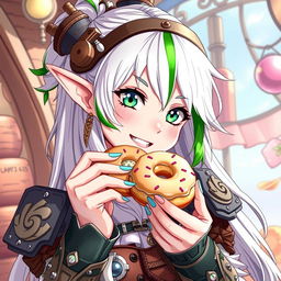 A half-high elf woman with an enchanting and whimsical presence, sporting steampunk style white hair adorned with a striking green stripe