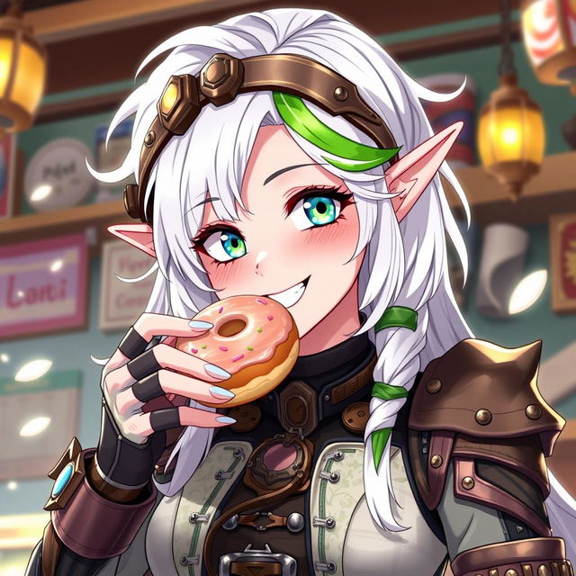A half-high elf woman with an enchanting and whimsical presence, sporting steampunk style white hair adorned with a striking green stripe
