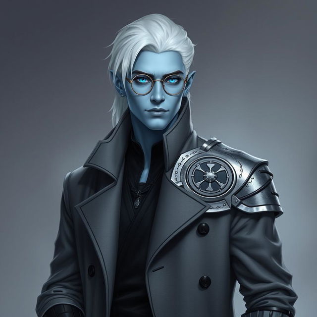 A tall, 26-year-old Drow male named Jayce Kovacs, featuring medium-length snow-white hair and glowing blue irises that sharply contrast with his neutral blue skin