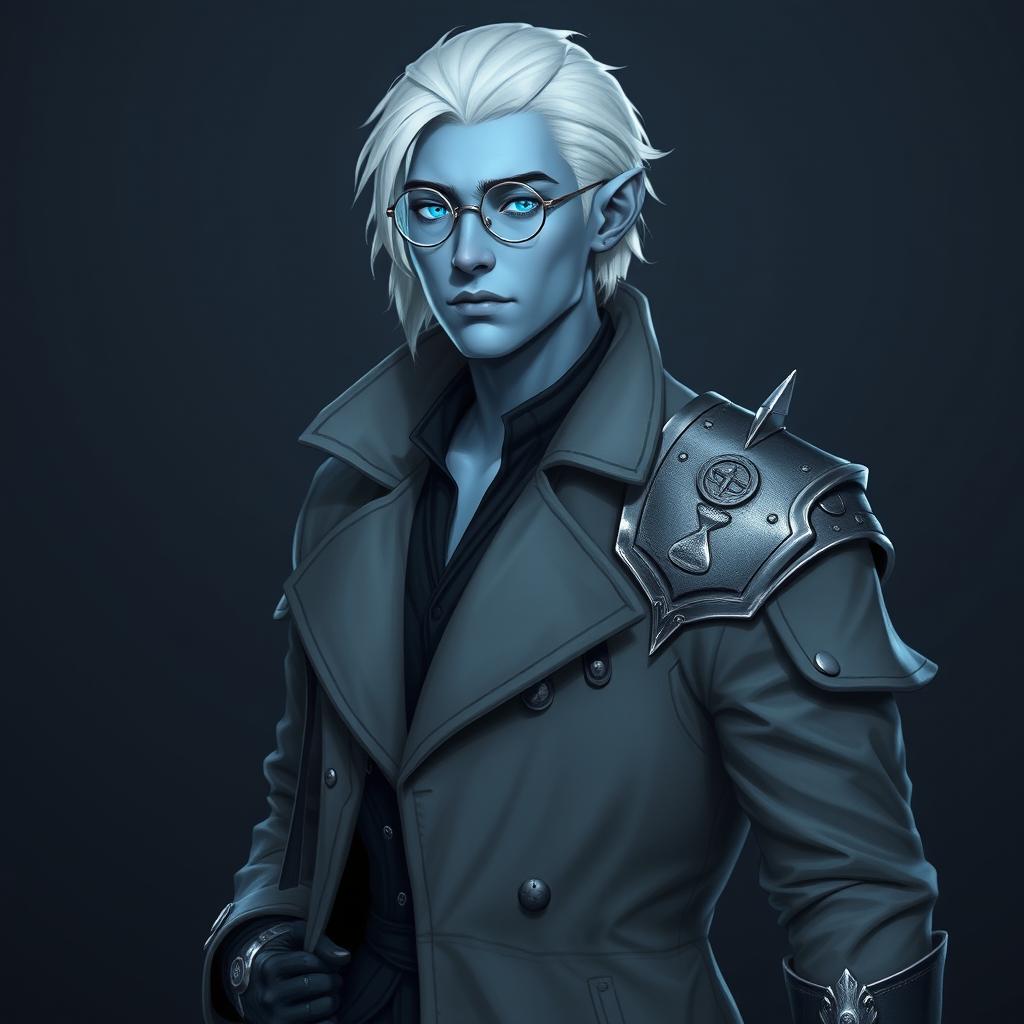 A tall, 26-year-old Drow male named Jayce Kovacs, featuring medium-length snow-white hair and glowing blue irises that sharply contrast with his neutral blue skin