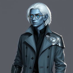 A tall, 26-year-old Drow male named Jayce Kovacs, featuring medium-length snow-white hair and glowing blue irises that sharply contrast with his neutral blue skin