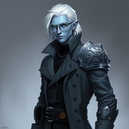 A tall, 26-year-old Drow male named Jayce Kovacs, featuring medium-length snow-white hair and glowing blue irises that sharply contrast with his neutral blue skin