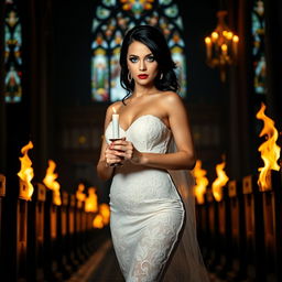 A beautiful, shapely bride with striking black hair and sparkling light blue eyes, featuring heavy frosted aqua eye shadow and thick black eyeliner, walks confidently toward the viewer
