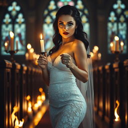 A beautiful, shapely bride with striking black hair and sparkling light blue eyes, featuring heavy frosted aqua eye shadow and thick black eyeliner, walks confidently toward the viewer