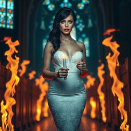 A beautiful, shapely bride with alluring black hair and sparkling light blue eyes, enhanced by heavy frosted aqua eye shadow and bold black eyeliner, walks gracefully toward the viewer