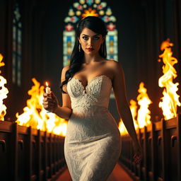 A beautiful, shapely bride with alluring black hair and sparkling light blue eyes, enhanced by heavy frosted aqua eye shadow and bold black eyeliner, walks gracefully toward the viewer